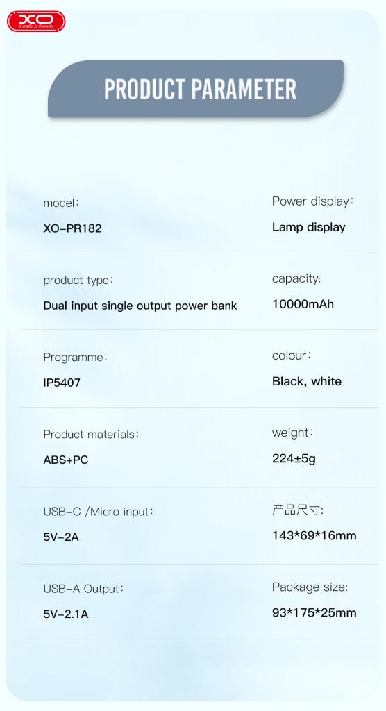 XO PR182 Power Bank Με Φωτεινή Ένδειξη 10000mAh Άσπρο