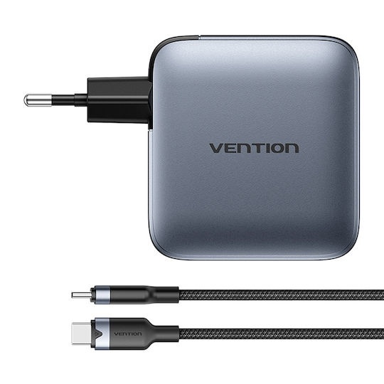 Vention Φορτιστής GaN με Θύρα USB-A και 3 Θύρες USB-C και Καλώδιο USB-C - USB-C 100W Power Delivery Γκρι (TZ-FETH0-EU)