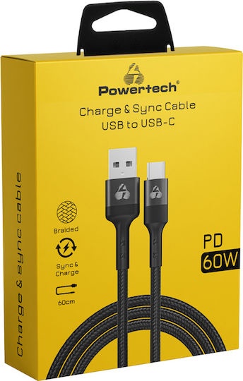Powertech Braided USB 2.0 Cable USB-C male - USB-A 60W PD Μαύρο 0.6m PTR-0129