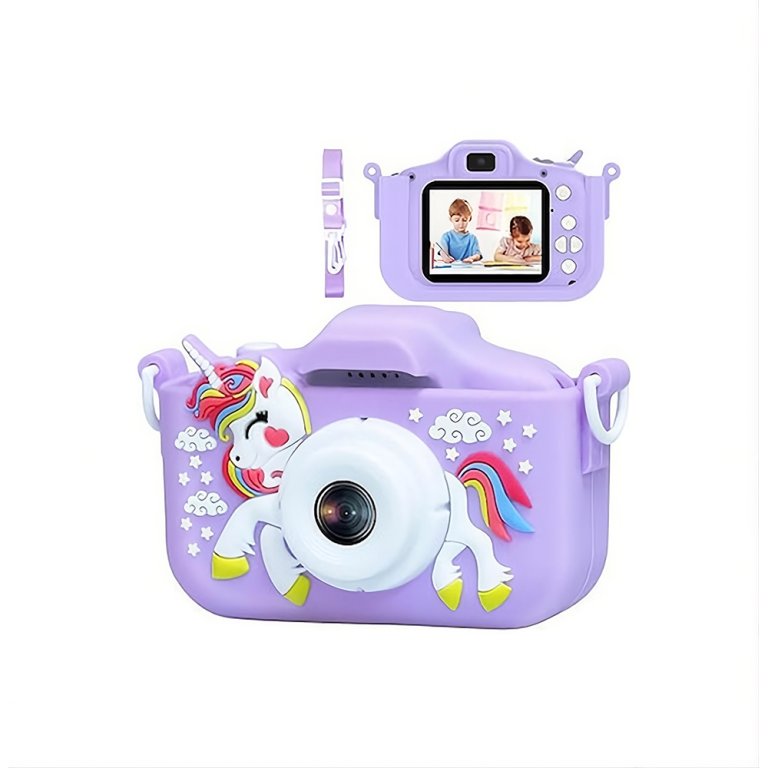 Kids Διπλή HD Camera με εγγραφή βίντεο, mp3 player, υποδοχή SD και επαναφορτιζόμενη μπαταρία μωβ μονόκερος