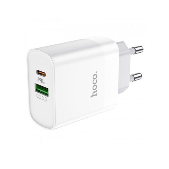 Hoco Φορτιστής Ταξιδίου DC82 1xUSB-C PD20W 1xUSB-A 18W QC Λευκός