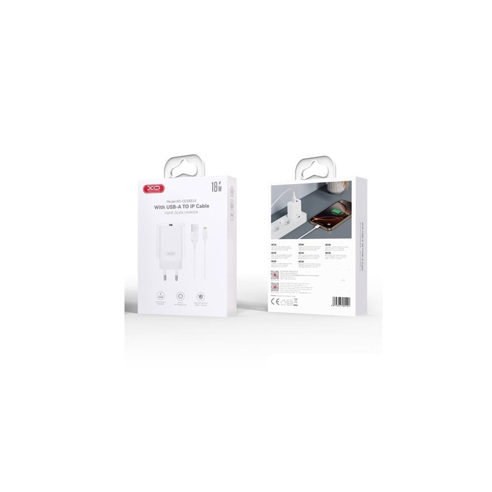 XO Φορτιστής CE33 με Θύρα USB-A και Καλώδιο Lightning 18W Quick Charge 3.0 Λευκός