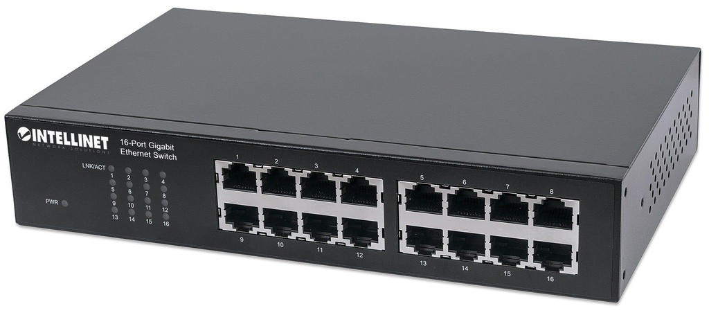 Intellinet 16-Port Gigabit Ethernet Switch, 16-Port RJ45 10/100/1000 Mbps, IEEE 802.3az Energy Efficient Ethernet, Desktop, 19&quot; Rackmount (Euro 2-pin plug)