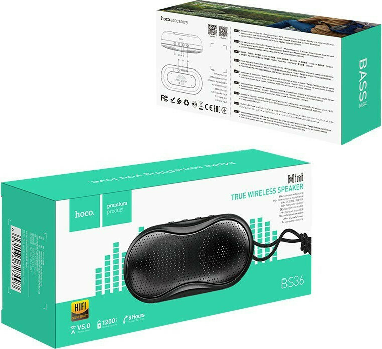 Φορητό Ηχείο Wireless Hoco BS36 Hero sports Μαύρο V5.0 TWS, 1200mAh, Μικρόφωνο, FM, USB &amp; AUX θύρα και Micro SD
