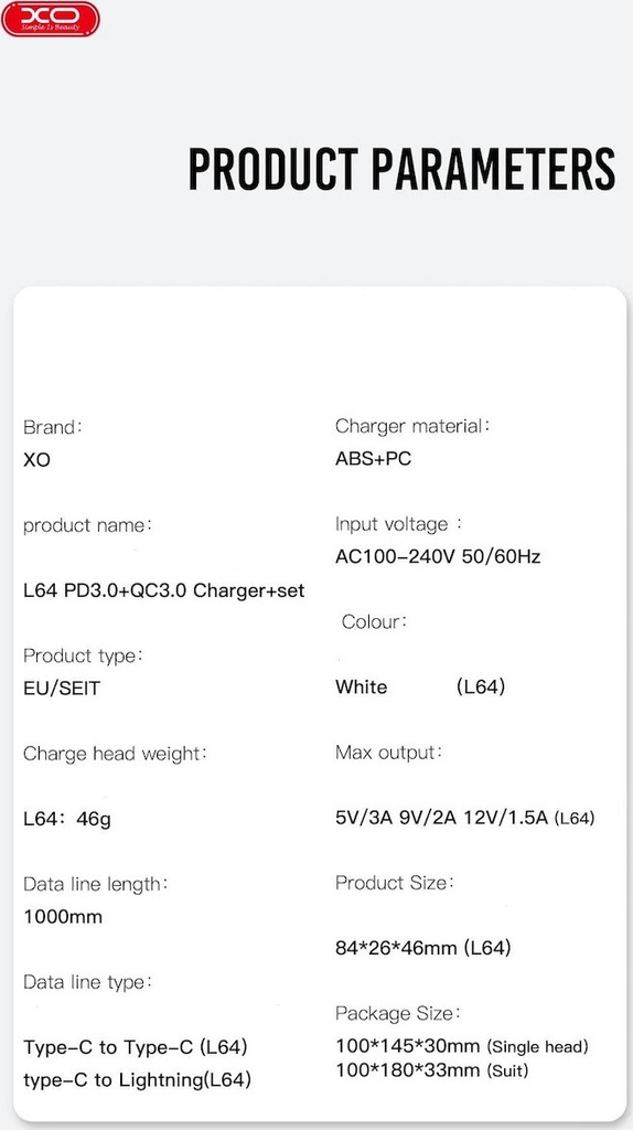 XO Φορτιστής Χωρίς Καλώδιο με Θύρα USB-A και Θύρα USB-C 18W Quick Charge 3.0 / Power Delivery Λευκός (L64)