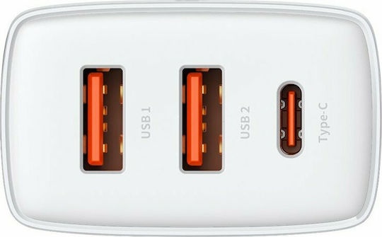 Baseus Φορτιστής Χωρίς Καλώδιο με 2 Θύρες USB-A και Θύρα USB-C 30W Power Delivery Λευκός (Compact 2U+C)