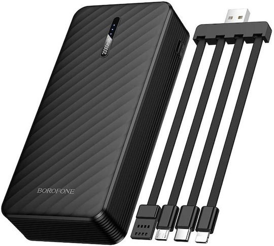 Power Bank Borofone BJ84A 20000mAh με 4 Καλώδια Φόρτισης USB-C USB-A Lightning Micro-USB και LED Ένδειξη Μπαταρίας Μαύρο