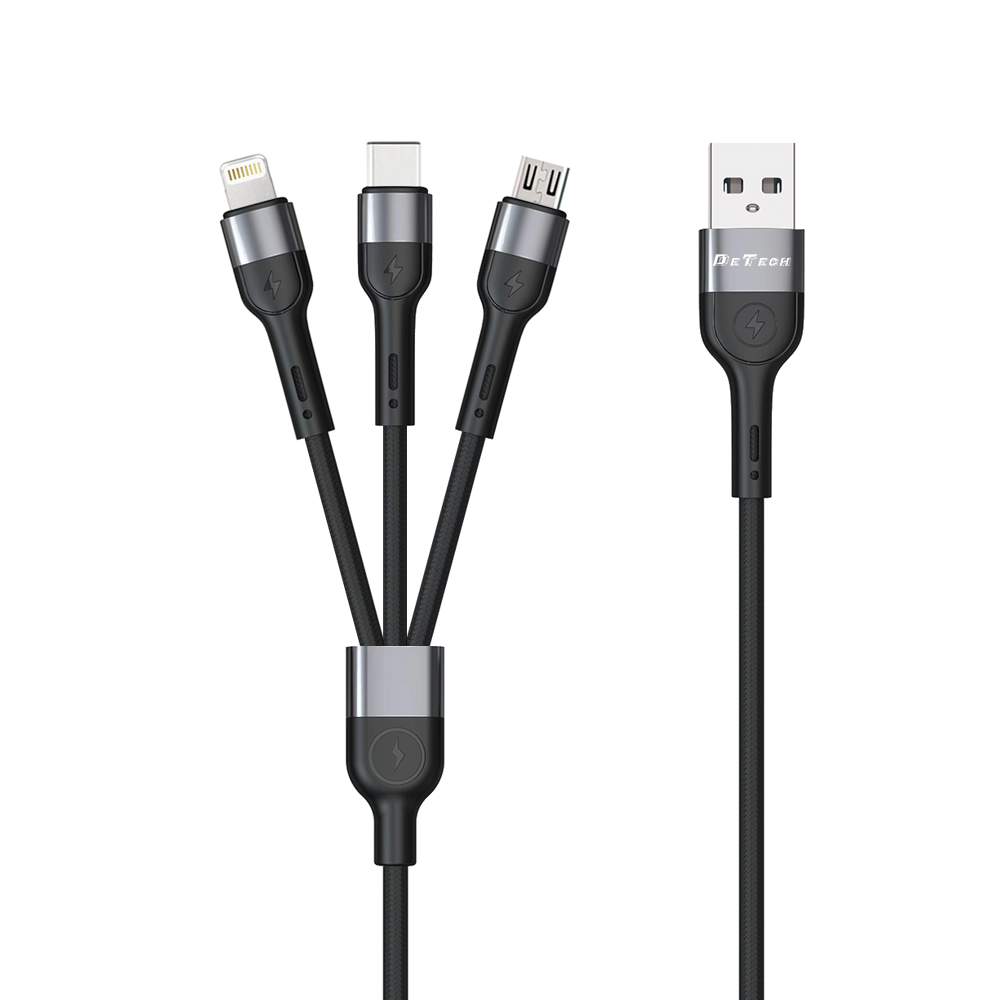 DeTech DE-C41 Charging cable , 3in1, Micro USB, Lightning, Type-C, 1.0m, Black - 40204