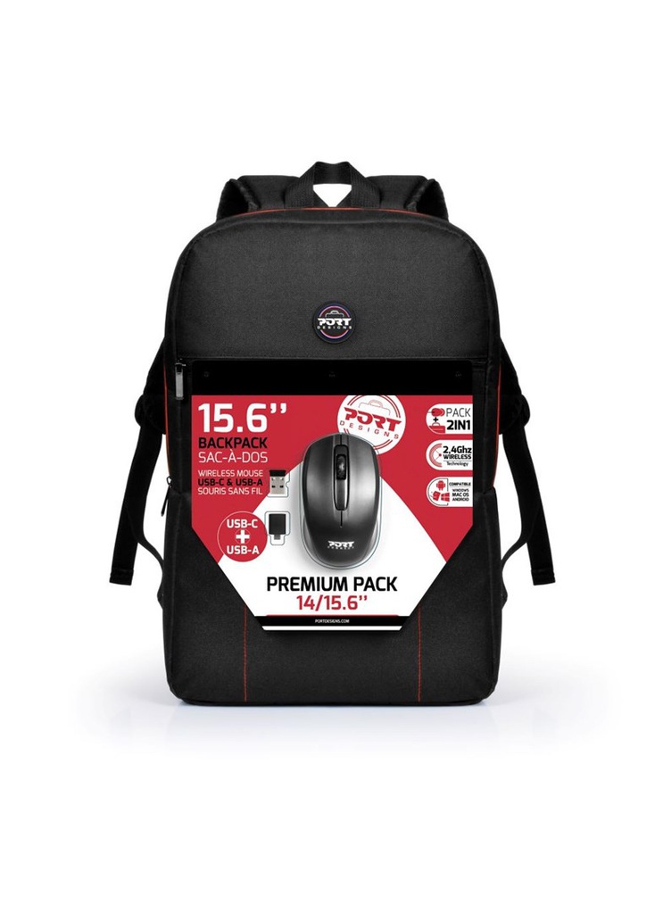 Port Designs 501901 Premium 14/15.6&quot; Laptop Backpack with Wireless Mouse, black