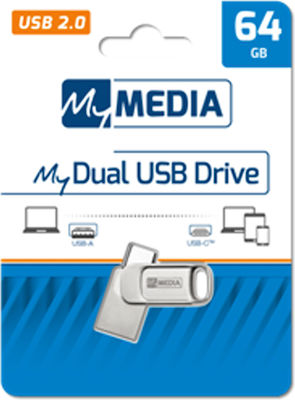 Verbatim MyMedia My Dual 64GB USB 2.0 Stick με σύνδεση USB-A &amp; USB-C Ασημί