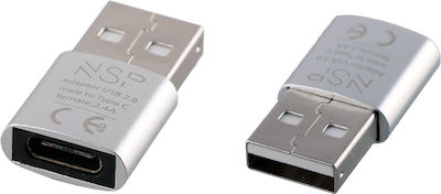 NSP Μετατροπέας USB-A male σε USB-C female Silver Ασημί
