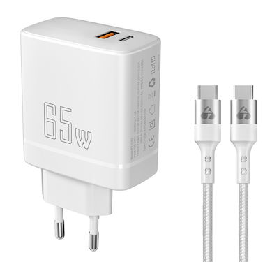 Powertech Φορτιστής GaN με Θύρα USB-A και Θύρα USB-C και Καλώδιο USB-C - USB-C 65W Quick Charge 2.0 / Quick Charge 3.0 Λευκός (PT-1182) Κωδικός: 51118587