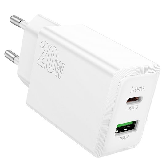 Hoco Φορτιστής Χωρίς Καλώδιο με Θύρα USB-A και Θύρα USB-C 20W Power Delivery Λευκός